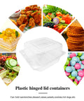 100 Pack Clear Hinged Plastic Food Containers with Lids for Cake Slices Cookies Pasta Sandwiches and Salads surrounded by food