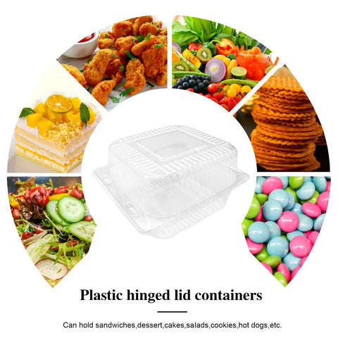 100 Pack Clear Hinged Plastic Food Containers with Lids for Cake Slices Cookies Pasta Sandwiches and Salads surrounded by food
