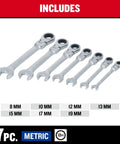 7 Piece Ratchet Set With 72 Tooth Quick Engagement Box End, 180 Degree Flex Head For Tight Spaces, Solid Chrome Finish