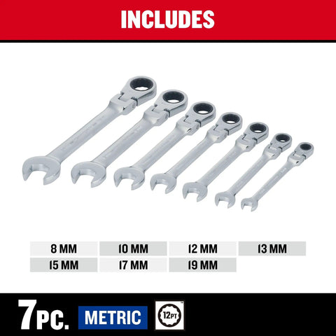 7 Piece Ratchet Set With 72 Tooth Quick Engagement Box End, 180 Degree Flex Head For Tight Spaces, Solid Chrome Finish