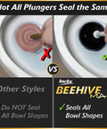 Heavy Duty Beehive Toilet Plunger To Knock Out Stubborn Clogs And Blast Away Nasty Gunk Fast with clear seal against toilet bowl.
