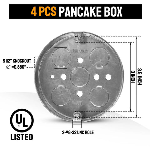 4-Pack Shallow Round Electrical Boxes For Ceiling Pancake Installations, 1/2-Inch Deep, 1/2-Inch Knockouts, front view