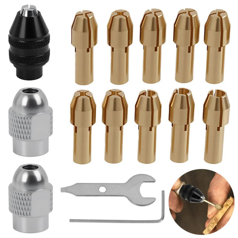 Pro Grade 25 Pc Drill Chuck Collet Set For Dremel Rotary Tools with keyless chuck and brass collets, tools and accessories displayed
