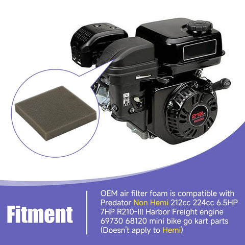 Air Filter Foam Kit For Non Hemi Predator 212cc Engines, shown near engine to illustrate fit, includes foam and compatibility details.