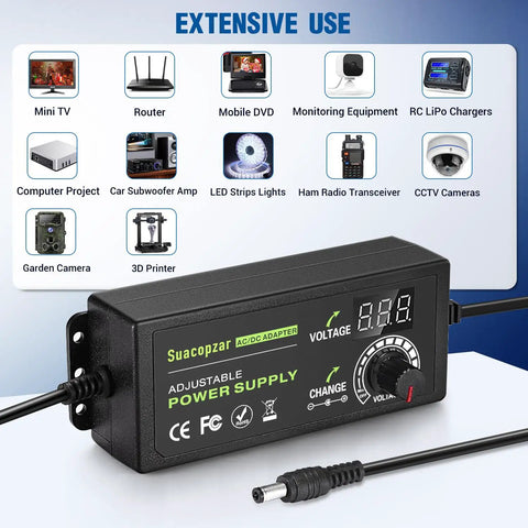 60W Adjustable DC Power Supply With LED Display, 3V To 12V Output, 5A Max, shown with various electronic applications