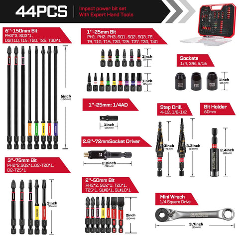 44-Piece Magnetic S2 Impact Screwdriver Bit Set With Ratchet Wrench, Socket Driver, Sockets, Step Drill Bits, One Quarter Inch Socket Adapter, Impact Bit Holder, And Clear Tool Box Organizer For Easy Home Repairs And DIY displayed with dimensions.