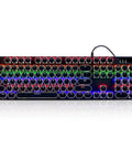 Slick Wired Retro Typewriter Mechanical Gaming Keyboard With 104 Keys Punchy Blue Switches And Bangin Rgb Backlighting For Pc And Mac Featuring Rad Round Keycaps For Pure Vibe, showing colorful RGB backlighting.