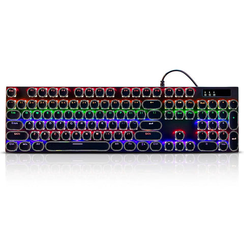 Slick Wired Retro Typewriter Mechanical Gaming Keyboard With 104 Keys Punchy Blue Switches And Bangin Rgb Backlighting For Pc And Mac Featuring Rad Round Keycaps For Pure Vibe, showing colorful RGB backlighting.
