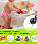 Toddler playing by toilet with toys, insert showing Toilet Auger Drain Cleaner With Flexible Gripper For Snagging Lost Items And Clearing Minor Clogs Quick No Fuss Fix For Drain Problems Economical DIY Plumber Essential For Home Plumbing.