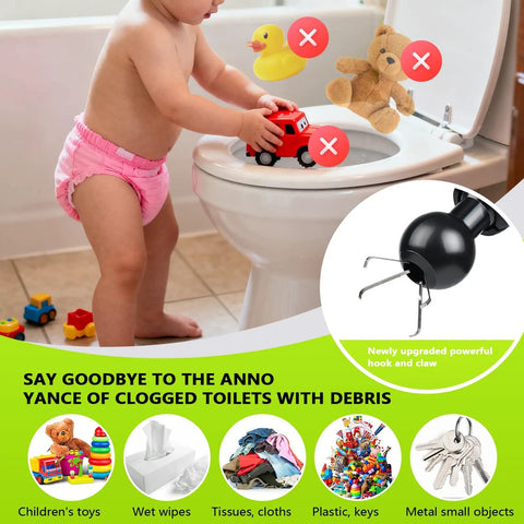Toddler playing by toilet with toys, insert showing Toilet Auger Drain Cleaner With Flexible Gripper For Snagging Lost Items And Clearing Minor Clogs Quick No Fuss Fix For Drain Problems Economical DIY Plumber Essential For Home Plumbing.