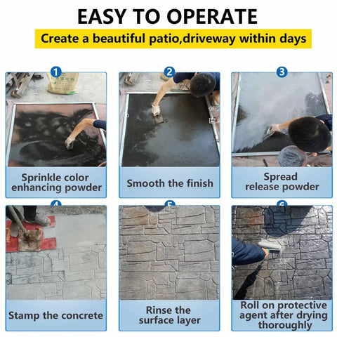 Process of using Pro Grade Concrete Stamp Molds Set for Outdoor Projects with Realistic Cobblestone, Brick, and Wood Grain Textures.
