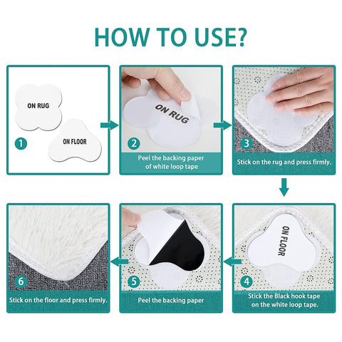 Step-by-step guide showing how to use Non Slip Rug Grippers For Area Rugs with washable hook and loop pads on carpets.