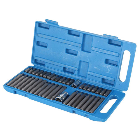 Open blue toolbox with 40 Piece Star Spline Hex Socket Bit Set With One Half Inch And Three Eighth Inch Square Drive