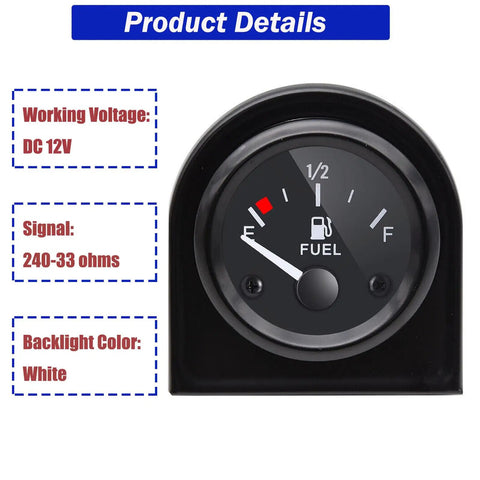 12V Fuel Level Gauge For Cars And Boats With White LED Backlight Universal Fuel Meter Replacement, 52mm black dial