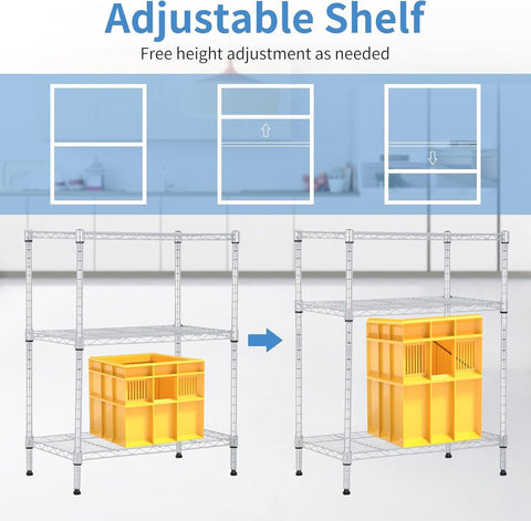 Adjustable Four Tier Wire Shelving Unit With Black Metal Frame And Plastic PP Shelves demonstrating adjustable height feature.