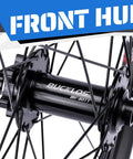 Close-up of front hub on 27.5 and 29 inch thru axle MTB wheelset, 110mm 15mm disc brake AL6061 32H double wall clincher.
