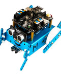 Totally Six Legged Robot Add On Pack For mBot blue aluminum STEM kit with mBot robot beetle shape, front view
