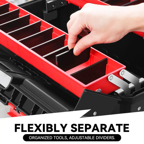 Big Boy Foldable Two-Layer Tool Box Workhorse with Non-Slip Handle and Removable Tray Storage Red showing adjustable dividers for tool organization.