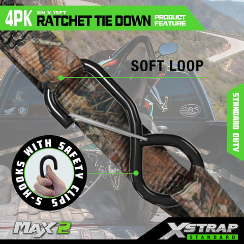Heavy Duty One Inch Ratchet Tie Down Straps Four Pack With Integrated Soft Loops And A Killer Grip to secure lashing.