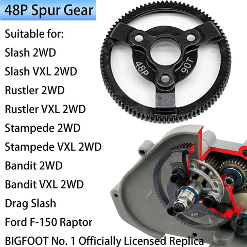 Beefed Up Hardened Steel Spur Gear Upgrade For 1/10 RC Cars 90T 48P 49mm OD 22g Compatible With Slash Stampede Rustler Bandit 2WD VXL XL5 F150 SVT Smoother Spin Longer Wear Life Easy Install