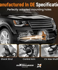 Car front suspension with shock strut, control arm, CV axle shaft, manufactured in OE specification for stability.