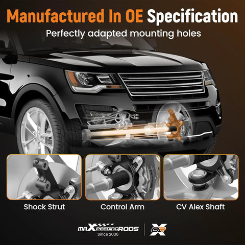 Car front suspension with shock strut, control arm, CV axle shaft, manufactured in OE specification for stability.