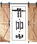 Rock Solid Eight Foot Double Sliding Barn Door Track Hardware Kit With Straight Pulley And Hella Smooth Quiet Rollers in wood and metal design.