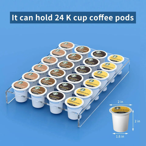 Clear Acrylic K Cup Drawer Organizer For Drawer And Countertop Storage Holds 24 K Cup Coffee Pods on blue background