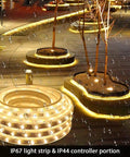 LED Strip Lights 100 Ft Flexible 2 In 1 Warm White And Cool White Dimmable With Remote Timer glowing outdoors at night, IP67 waterproof