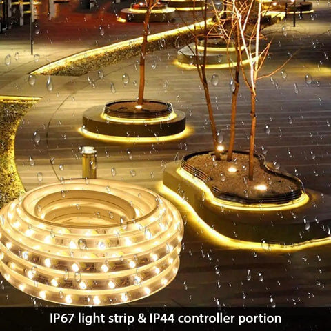 LED Strip Lights 100 Ft Flexible 2 In 1 Warm White And Cool White Dimmable With Remote Timer glowing outdoors at night, IP67 waterproof