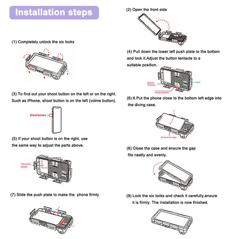 Installation guide for Underwater Phone Case For Snorkeling And Diving 50 Feet Waterproof Protector For iPhone and Galaxy phones.