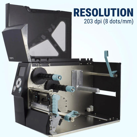High Speed 203 Dpi Industrial Thermal Label Printer, 4 Inch Width, 7 Ips side view showing internal components and 203 dpi resolution.