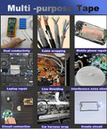 Faraday fabric tape 1in x 50ft, double-conductive cloth tape for EMI shielding and grounding, shown in a collage.