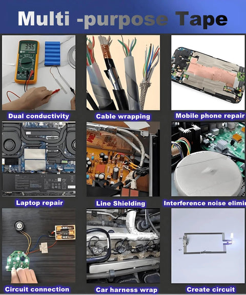 Faraday fabric tape 1in x 50ft, double-conductive cloth tape for EMI shielding and grounding, shown in a collage.