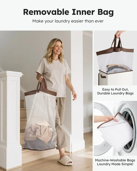 Woman carrying Big Ol 100L Large Laundry Basket With Removable Bag And Lid, Collapsible Hamper For Bedroom Dorm, off white color.