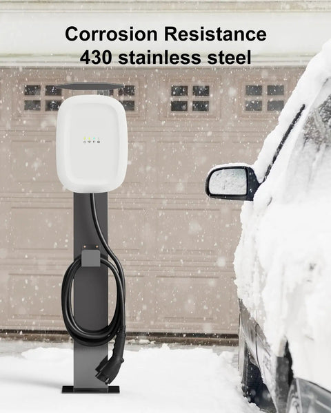 All Weather Rated Outdoor Electric Charger Pedestal Stand, Freestanding Level 2 Charging Station Mount in snowy scene.