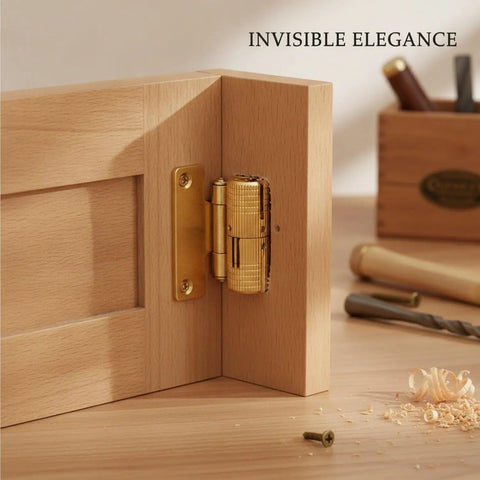Gold Zinc Alloy Concealed Barrel Hinge for Jewelry Boxes and Cabinets, showing invisible pivot hardware on wood.