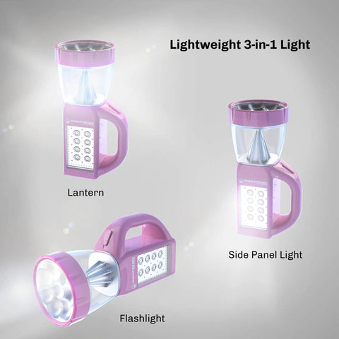 Three In One LED Lantern For Camping And Emergencies Ultra Compact And Lightweight Light That Converts To A Flashlight And Side Panel Light Perfect For Reading Hiking And Power Outages Pink shown in lantern, flashlight, and side panel modes