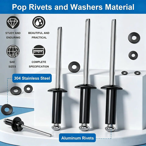 Pop Rivets And Washer Kit 1000Pcs Assortment With 14 SAE Sizes Aluminum Black Rivets For Metal Furniture Automotive Instruments