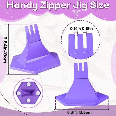 Dead Simple Three Prong Zipper Jig Tool With Self Adhesive Backing For Seamless Three And Five Pull Replacement, purple ABS material.