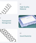 Stainless steel compression springs kit in a transparent storage box; 440 pieces in 24 sizes.