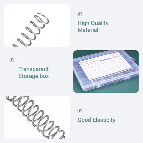 Stainless steel compression springs kit in a transparent storage box; 440 pieces in 24 sizes.