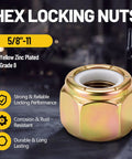 100 Pack 5/8 11 Grade 8 Lock Nuts Nylon Insert Heavy Duty Hardware Bulk Set, yellow zinc plated, for reliable locking performance.