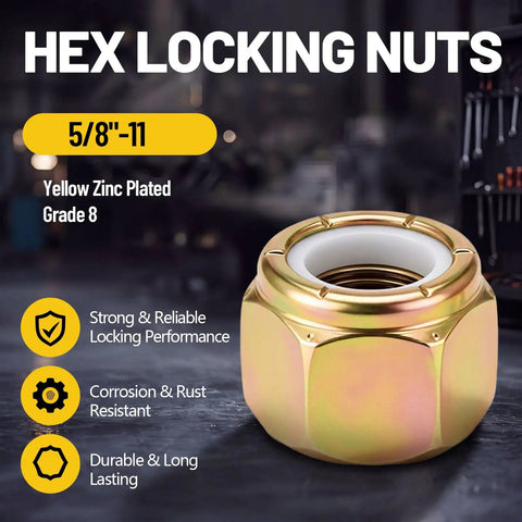 100 Pack 5/8 11 Grade 8 Lock Nuts Nylon Insert Heavy Duty Hardware Bulk Set, yellow zinc plated, for reliable locking performance.