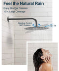 GRANDJOY 10" Wall Mount Shower System with Handheld Spray, Brushed Nickel showing 10" rainfall head and user enjoying shower.