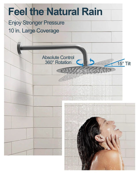 GRANDJOY 10" Wall Mount Shower System with Handheld Spray, Brushed Nickel showing 10" rainfall head and user enjoying shower.