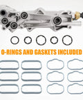 Upgraded Aluminum Oil Filter Housing Kit With Oil Cooler, Sensors And Gaskets For 3.6L V6 Vehicles, showing included o-rings and gaskets.