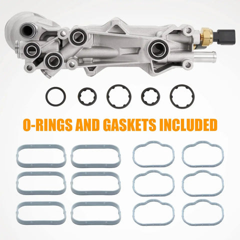 Upgraded Aluminum Oil Filter Housing Kit With Oil Cooler, Sensors And Gaskets For 3.6L V6 Vehicles, showing included o-rings and gaskets.