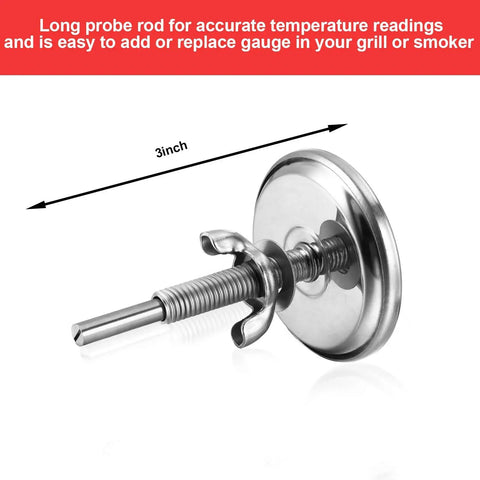 Three Pack Charcoal Grill Temperature Gauge Thermometer With 2-3/8 Inch Dial And 2-7/8 Inch Probe, stainless steel body