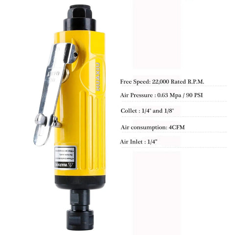 Compact Air Die Grinder With One Quarter And One Eighth Collets grinds out lightning speed at 22000 RPM against a white background.